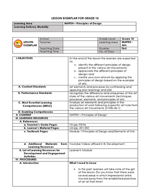 Lesson Exemplar For Grade 10principles of Design.